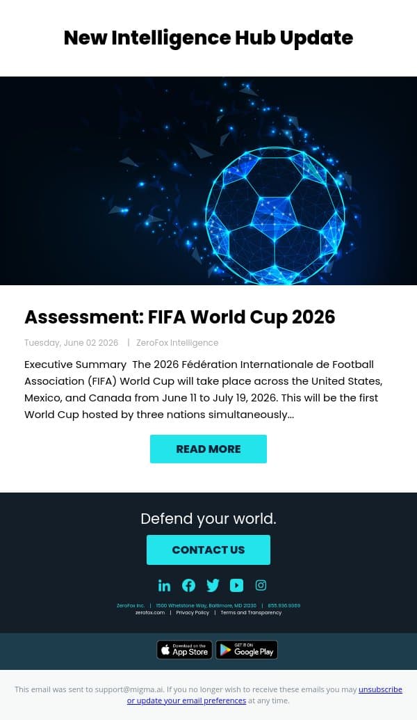 New Intelligence Hub Update - Assessment: FIFA World Cup 2026 email from ZeroFox screenshot