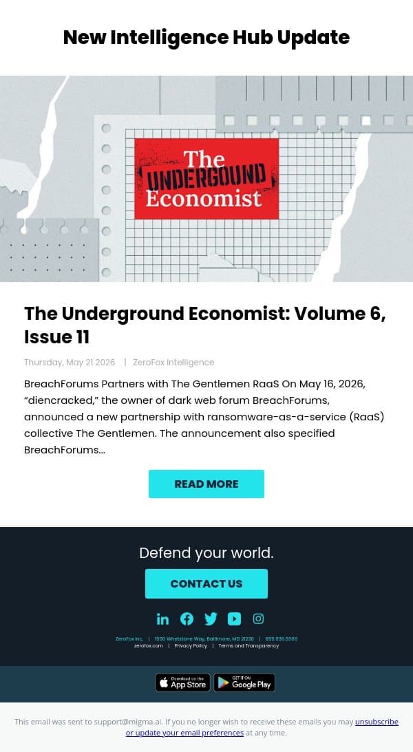 New Intelligence Hub Update - The Underground Economist: Volume 6, Issue 11 email from ZeroFox screenshot