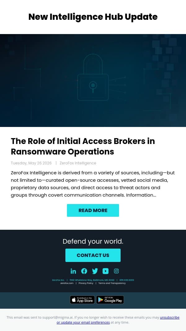 New Intelligence Hub Update - The Role of Initial Access Brokers in Ransomware Operations email from ZeroFox screenshot