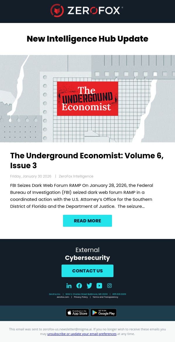 New Intelligence Hub Update - The Underground Economist: Volume 6, Issue 3 email from ZeroFox screenshot