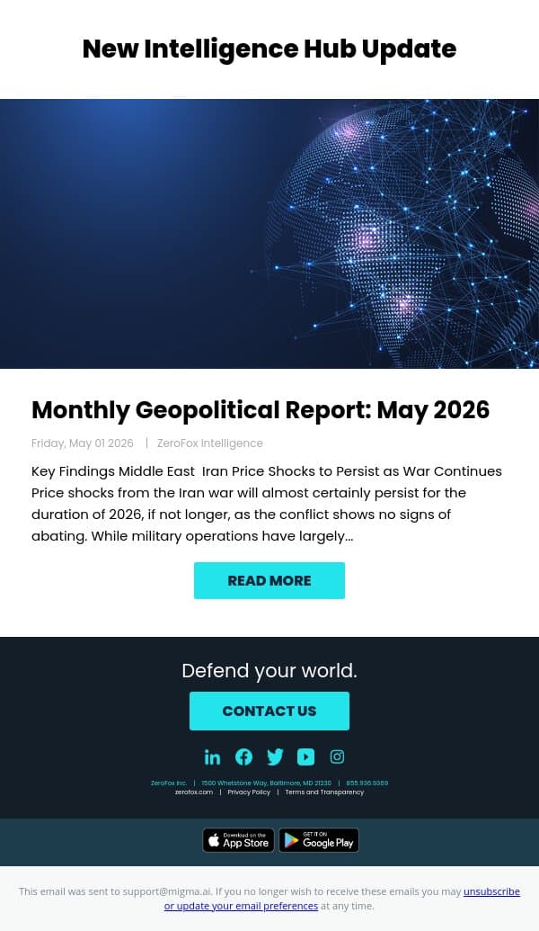 New Intelligence Hub Update - Monthly Geopolitical Report: May 2026 email from ZeroFox screenshot