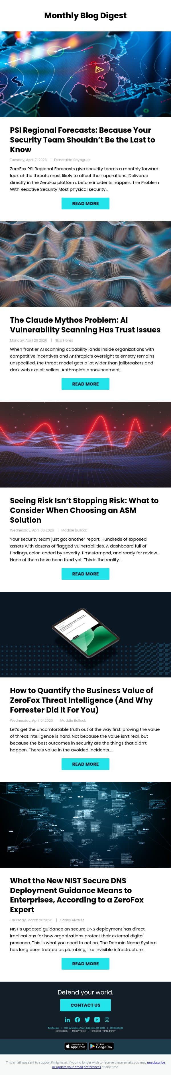 ZeroFox Monthly Blog Digest - PSI Regional Forecasts: Because Your Security Team Shouldn’t Be the Last to Know & More! email from ZeroFox screenshot