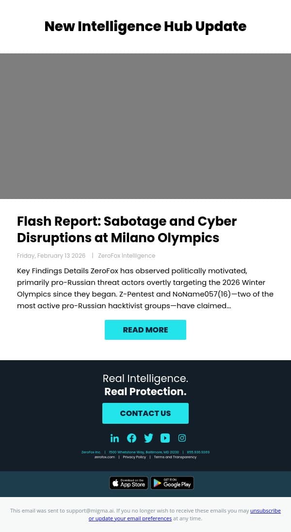 New Intelligence Hub Update - Flash Report: Sabotage and Cyber Disruptions at Milano Olympics email from ZeroFox screenshot