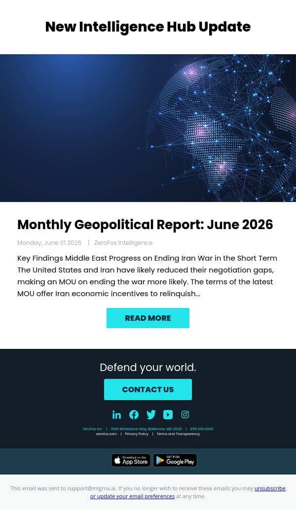 New Intelligence Hub Update - Monthly Geopolitical Report: June 2026 email from ZeroFox screenshot