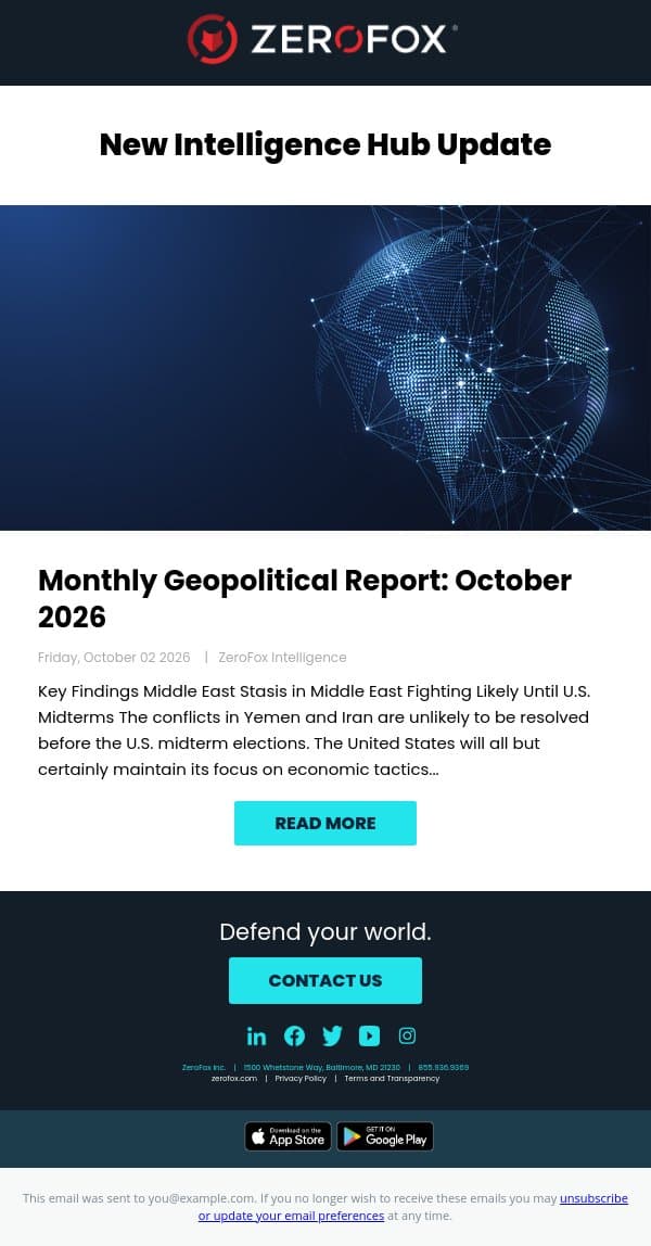New Intelligence Hub Update - Monthly Geopolitical Report: October 2026 email from ZeroFox screenshot