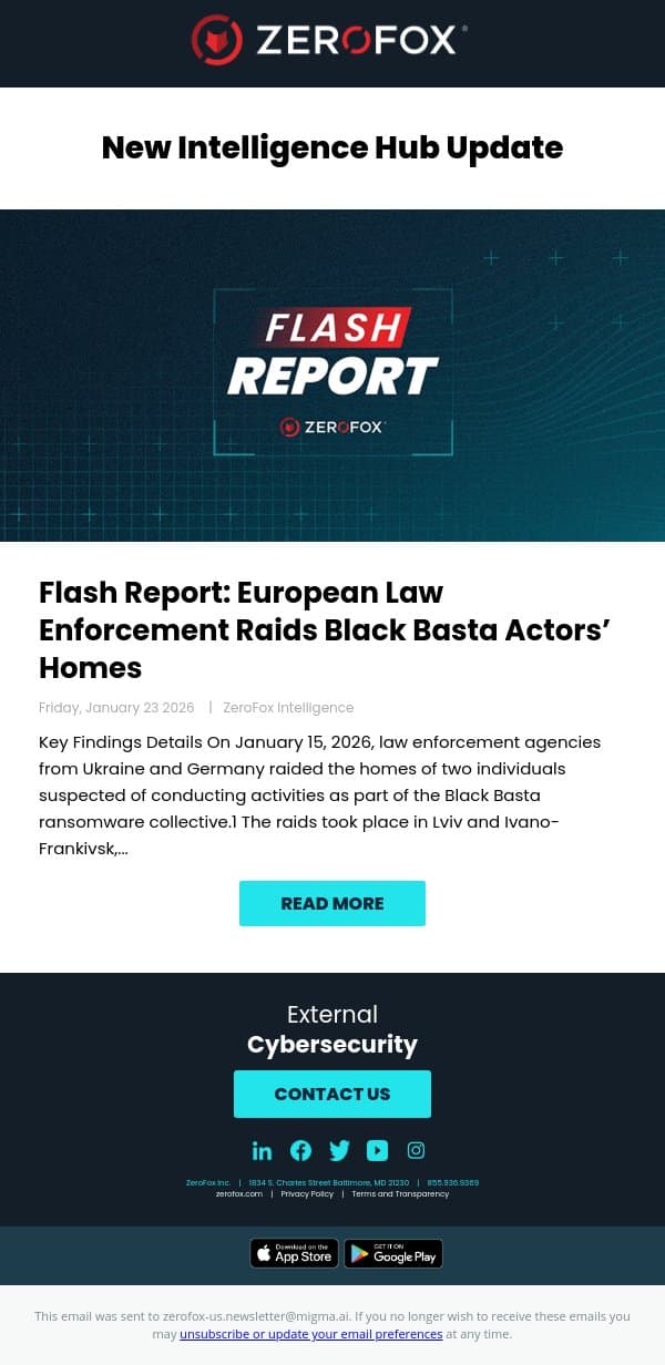 New Intelligence Hub Update - Flash Report: European Law Enforcement Raids Black Basta Actors’ Homes email from ZeroFox screenshot
