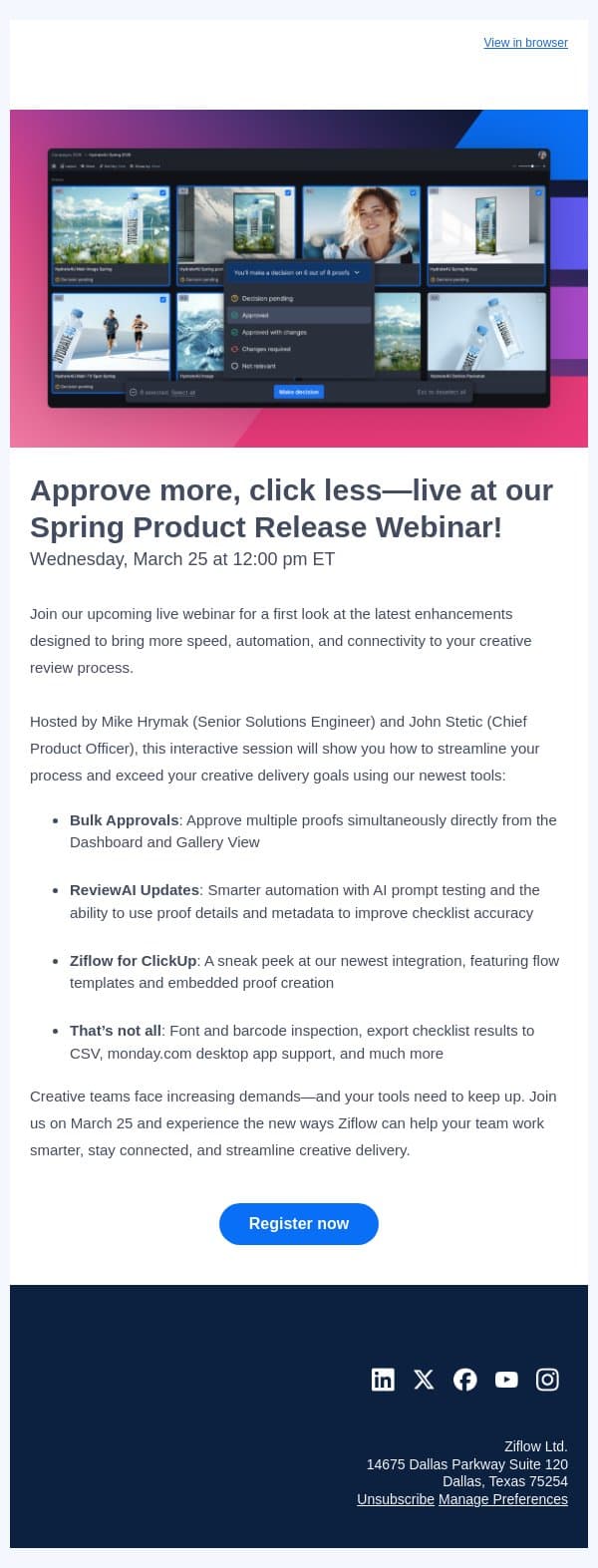 You're invited: Ziflow’s Spring 2026 Product Release Webinar email from Ziflow screenshot