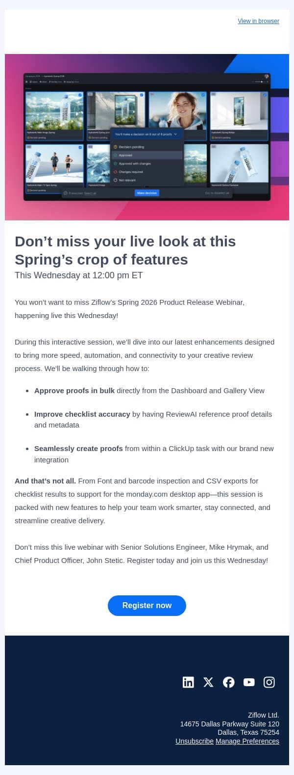 Approve more, click less: our Spring Product Release Webinar is this Wednesday! email from Ziflow screenshot