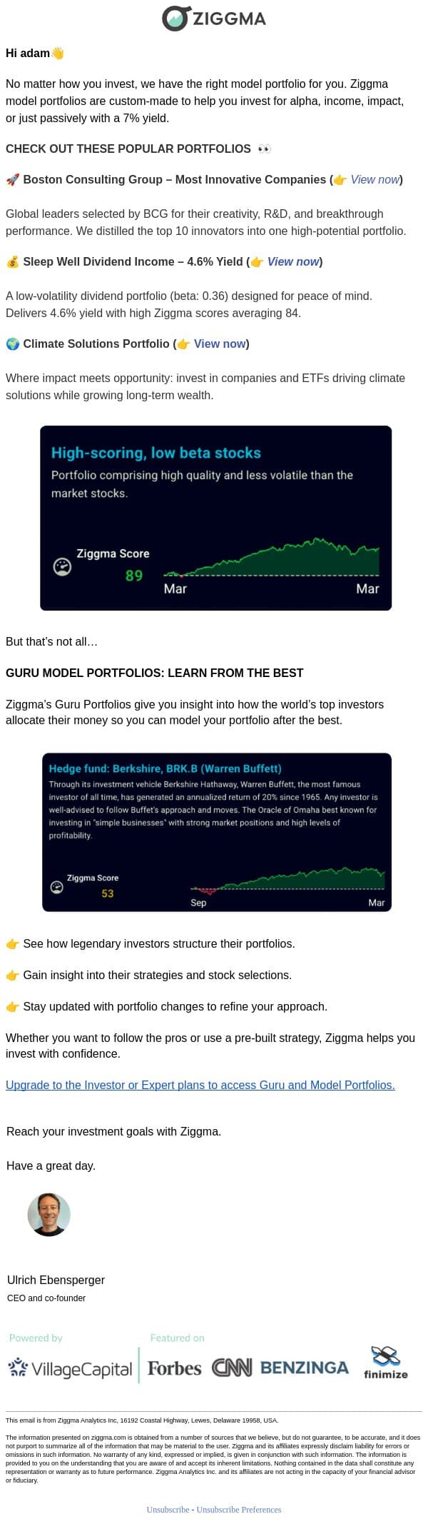 Alpha, Income & Impact: Discover Ziggma Model Portfolios email from Ziggma screenshot