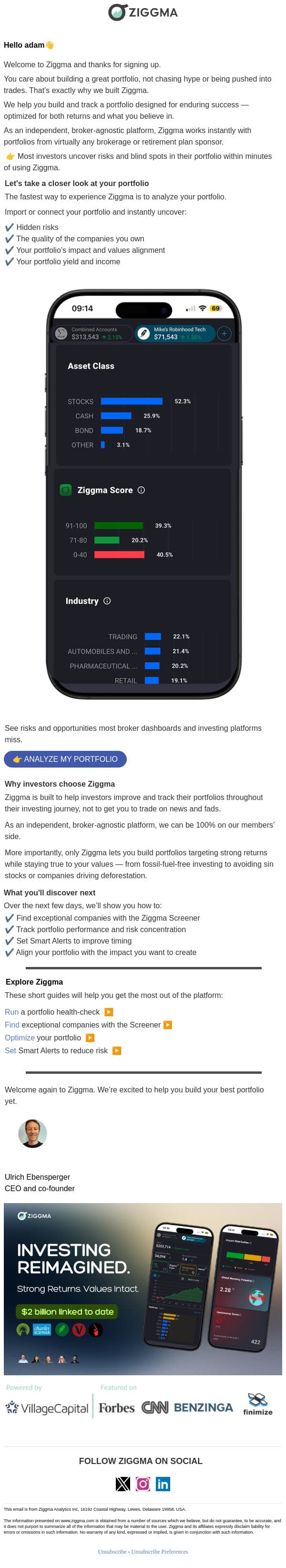 Welcome to Ziggma. Let’s get you started. email from Ziggma screenshot