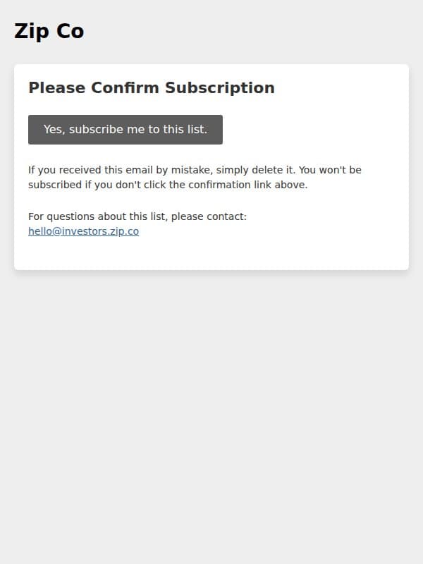 Zip Co: Please Confirm Subscription email from Zip screenshot