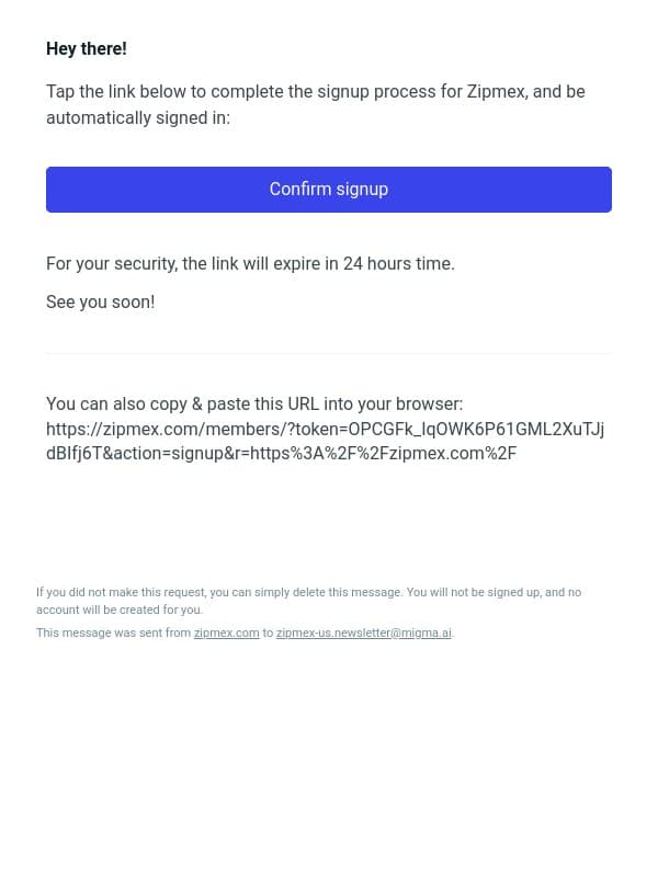 🙌 Complete your sign up to Zipmex! email from ZIPMEX screenshot