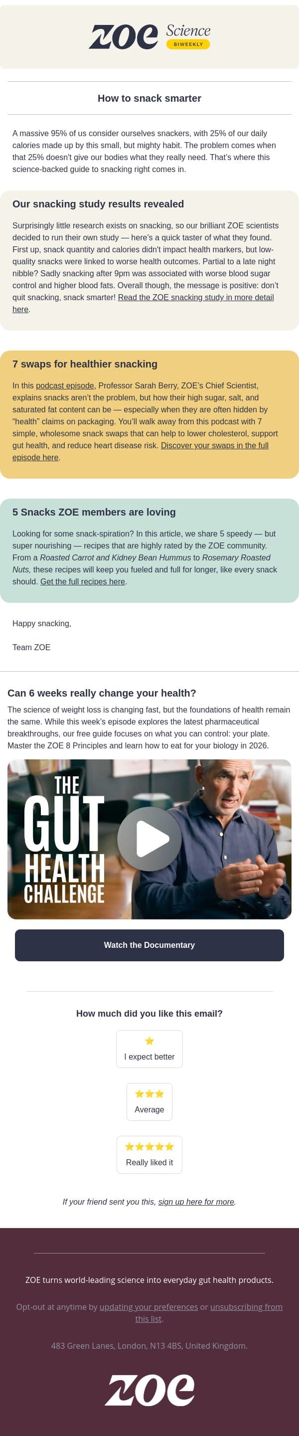 The science of snacking email from ZOE screenshot