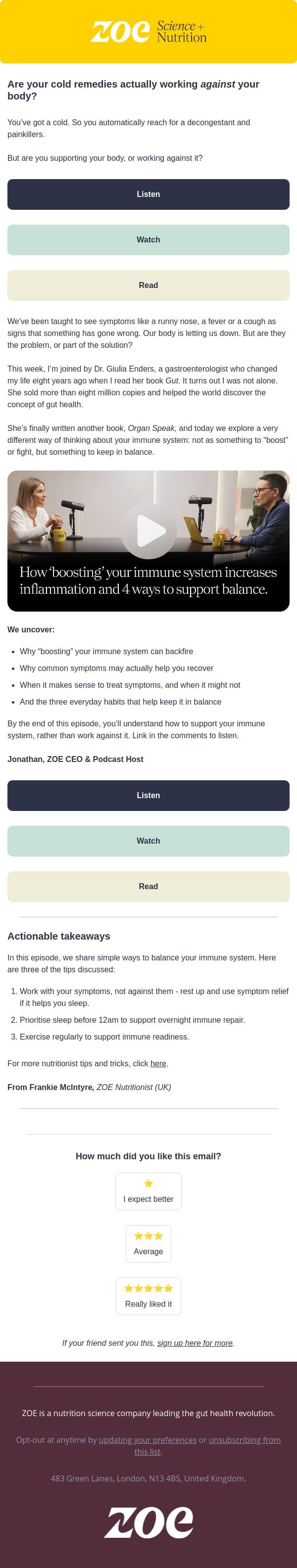Stop fighting your immune system email from ZOE screenshot