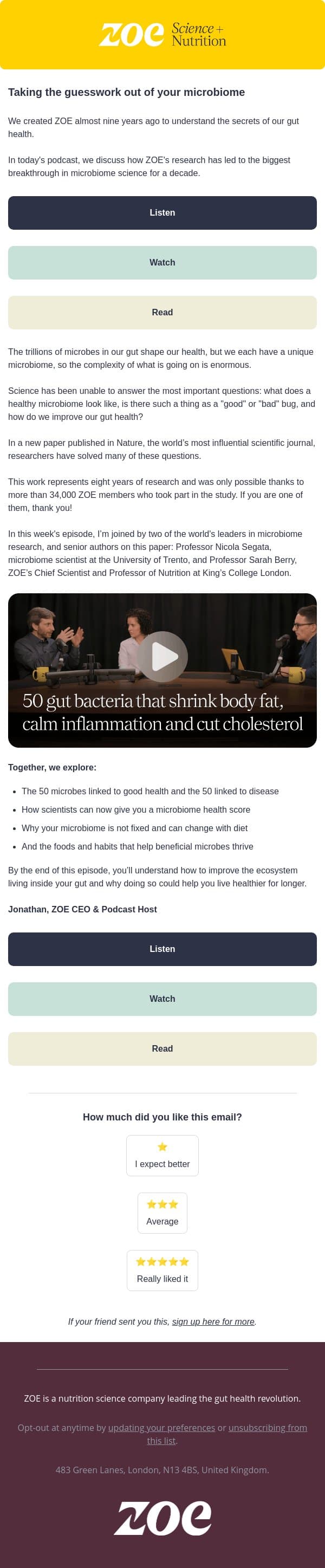 Good news for your gut (and your health) email from ZOE screenshot