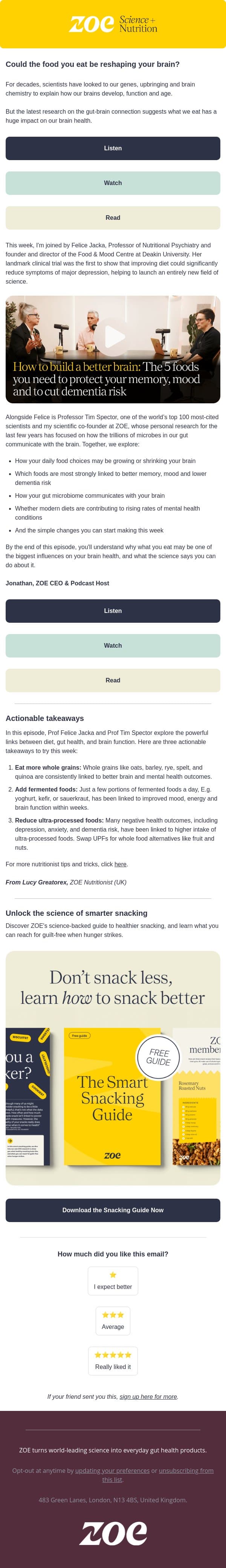 5 foods to cut dementia risk and protect your memory email from ZOE screenshot