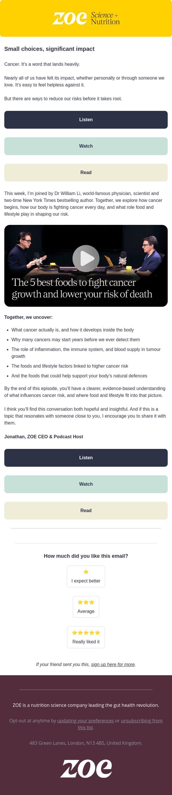 The 5 best foods to fight cancer growth email from ZOE screenshot