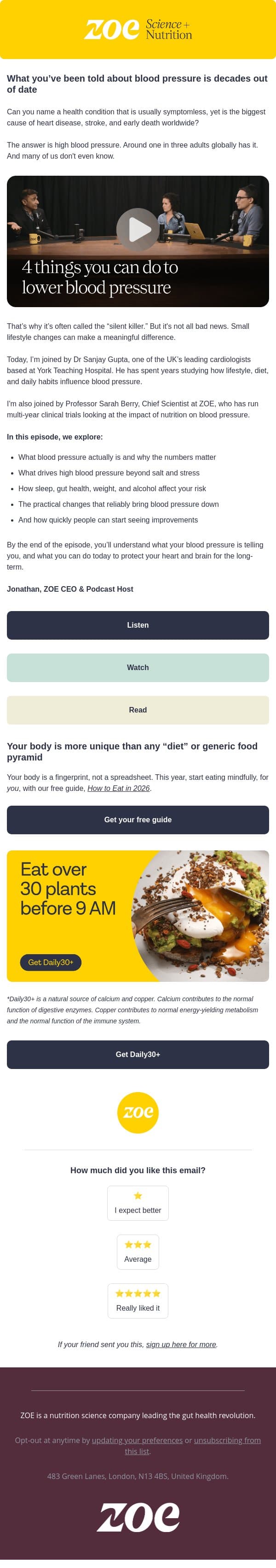 4 ways to lower blood pressure email from ZOE screenshot