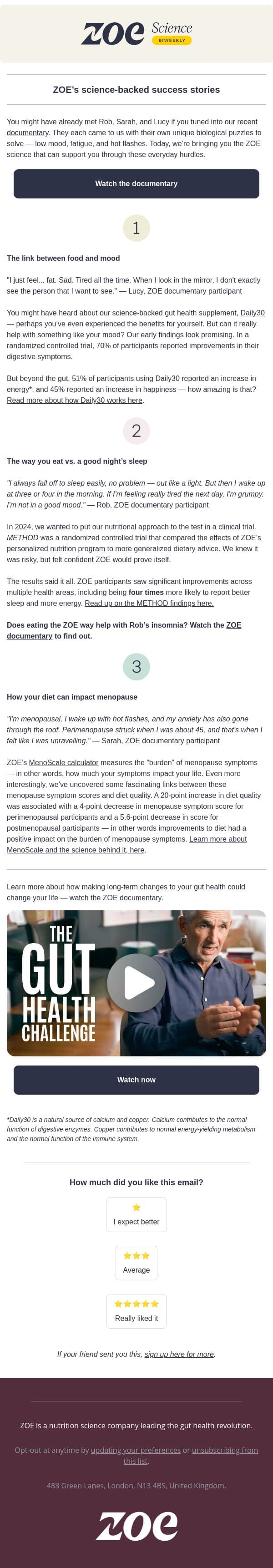 Real ZOE health transformations email from ZOE screenshot