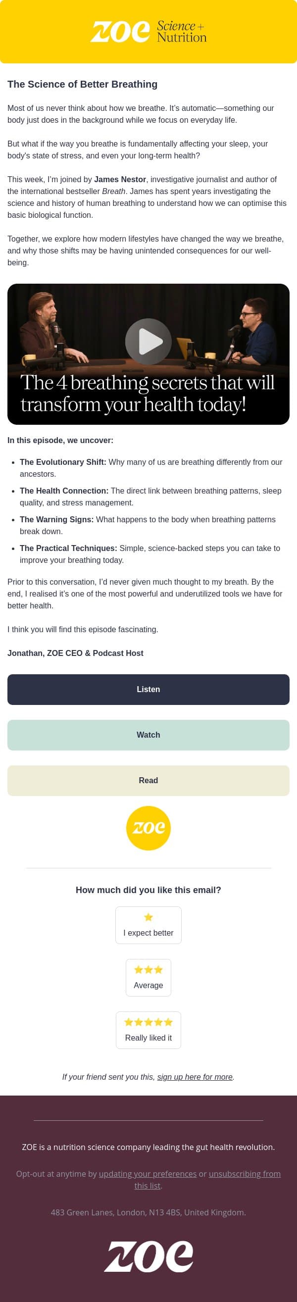 The 4 breathing secrets that will transform your health today! email from ZOE screenshot