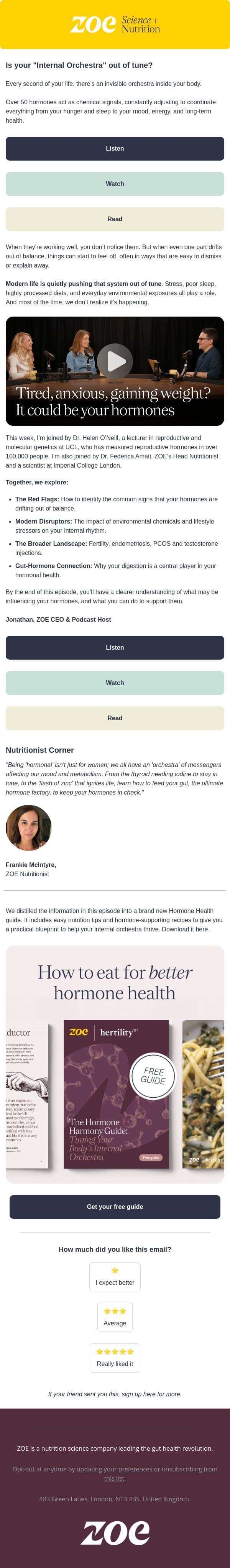 Tired, anxious, or gaining weight? It could be your hormones email from ZOE screenshot