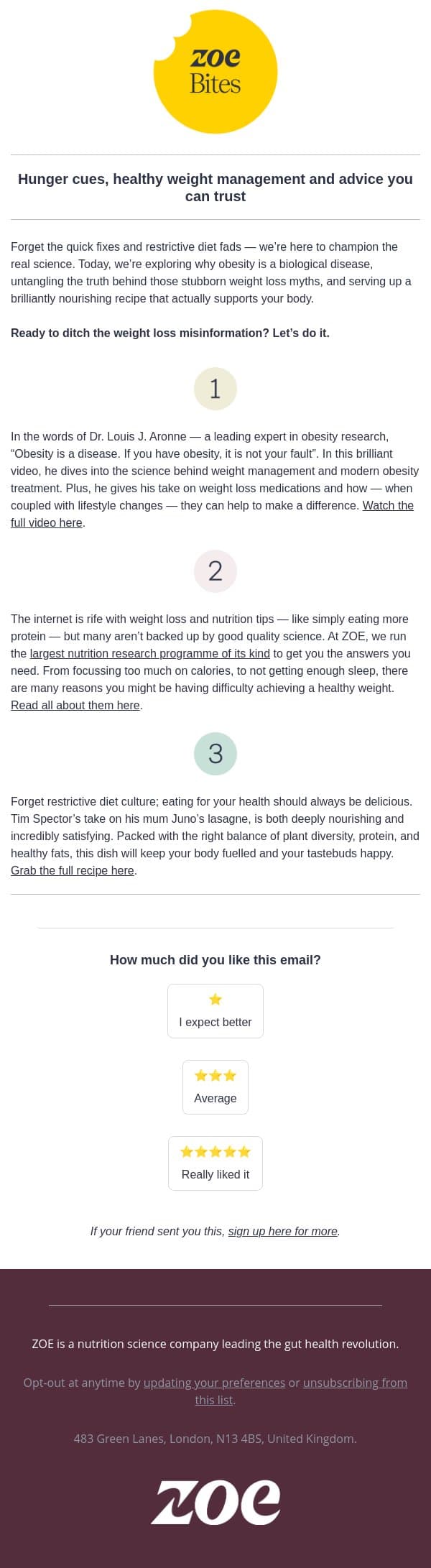 Our thoughts on weight management email from ZOE screenshot