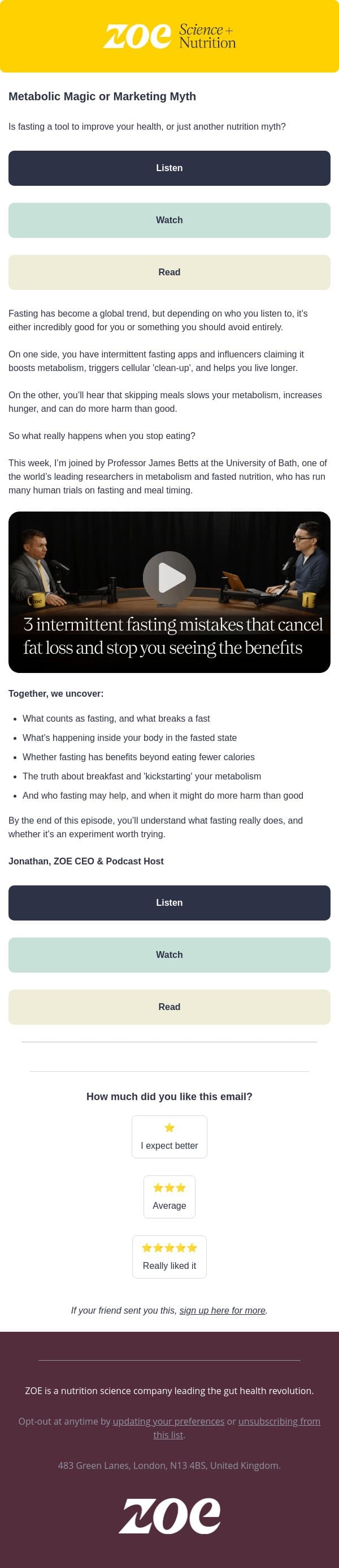 Is fasting a miracle or a myth? email from ZOE screenshot