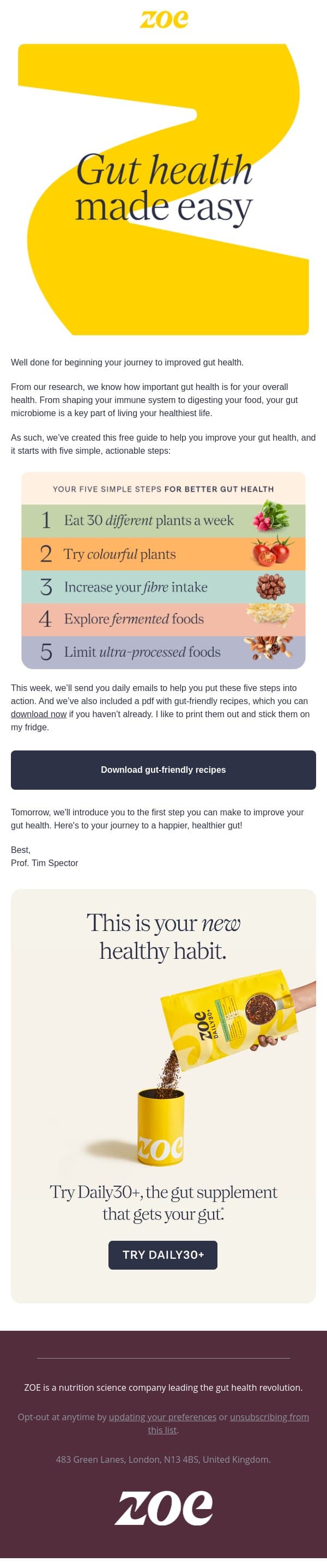 🌱 Improve your gut health in 5 easy steps email from ZOE screenshot