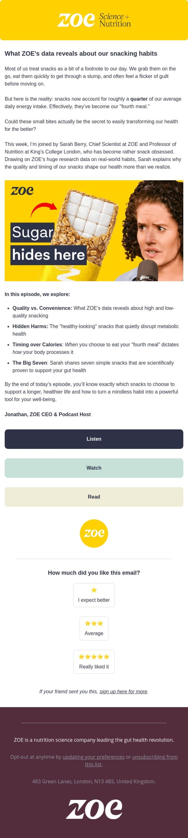 7 snacks that won’t destroy your diet email from ZOE screenshot