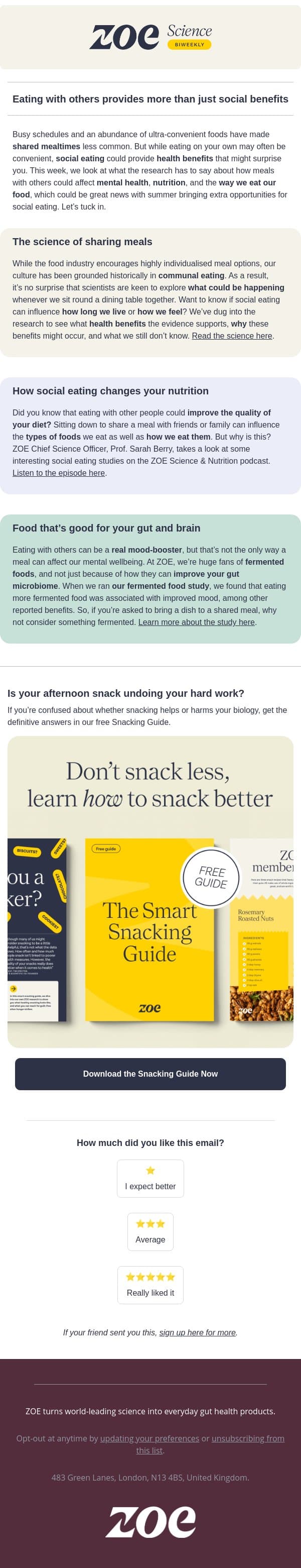 Sharing meals is caring for your gut email from ZOE screenshot