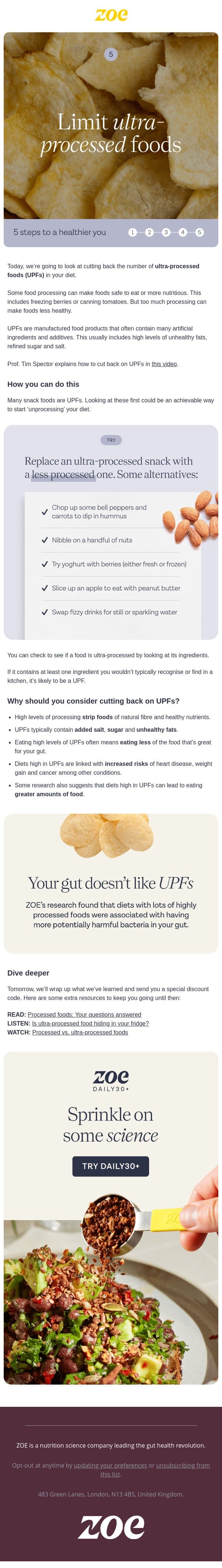 🍩 Step 5: Limit ultra-processed foods email from ZOE screenshot