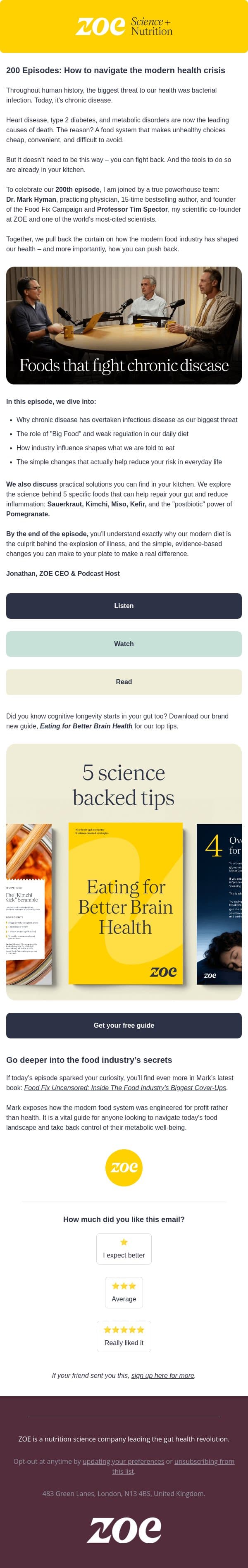 5 foods to lower your risk of chronic disease email from ZOE screenshot