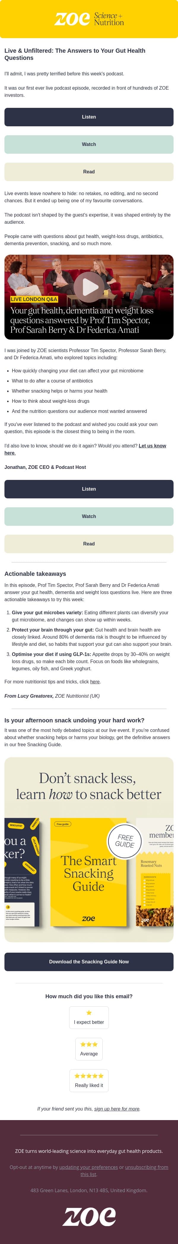 Our first-ever live podcast: your questions answered email from ZOE screenshot