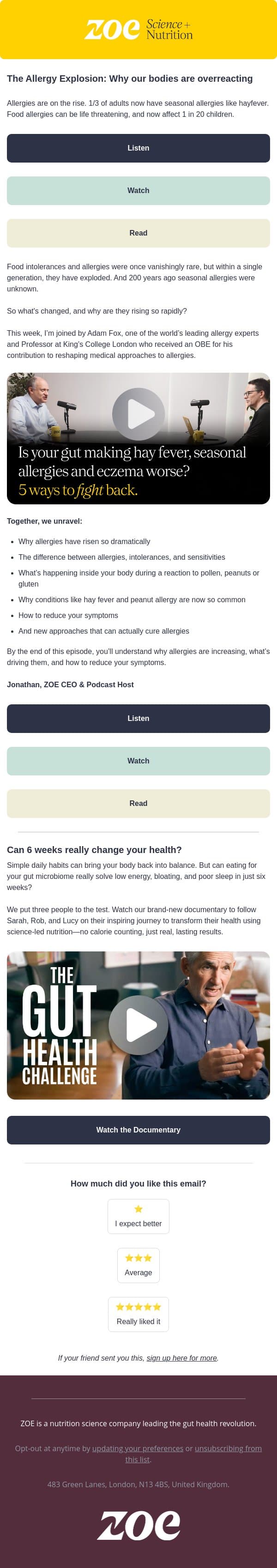 5 ways to fight back against allergies email from ZOE screenshot