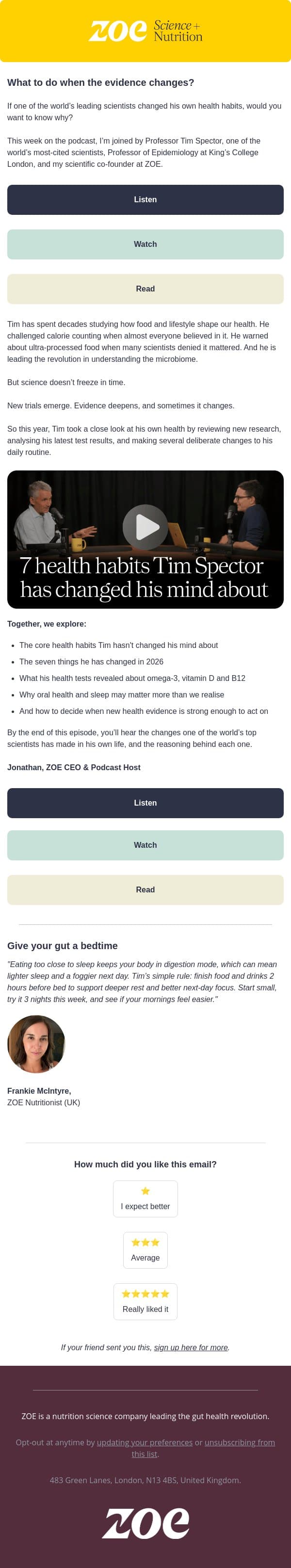 7 things Tim Spector changed his mind on email from ZOE screenshot