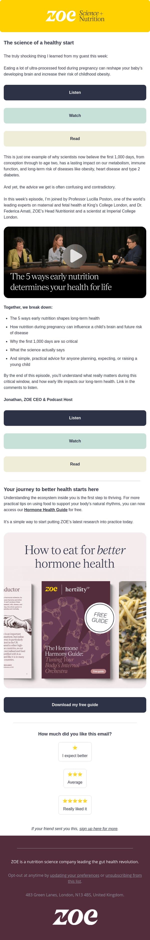 5 ways early nutrition shapes your child’s future email from ZOE screenshot