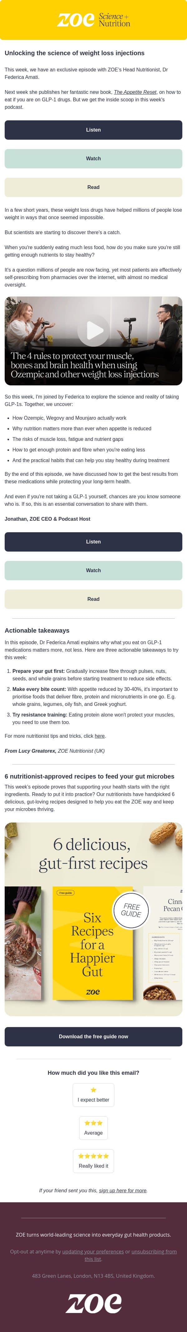 The 4 rules to protect your muscle, bones and brain health when using Ozempic and other weight loss injections email from ZOE screenshot