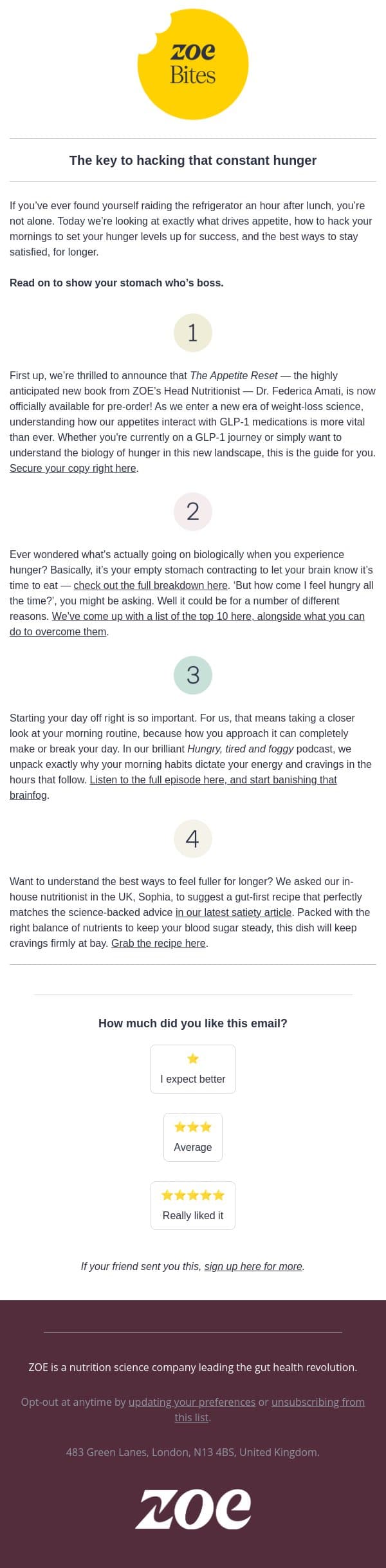 Always hungry? email from ZOE screenshot