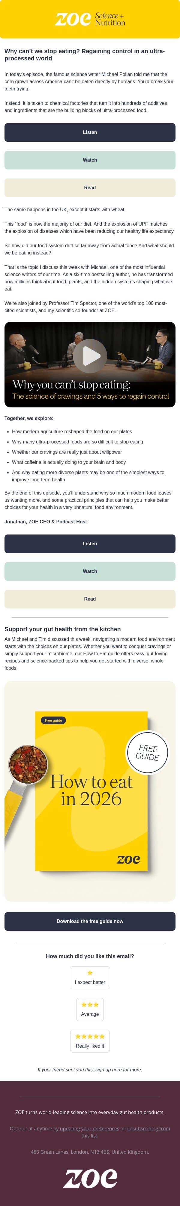 The science of cravings email from ZOE screenshot