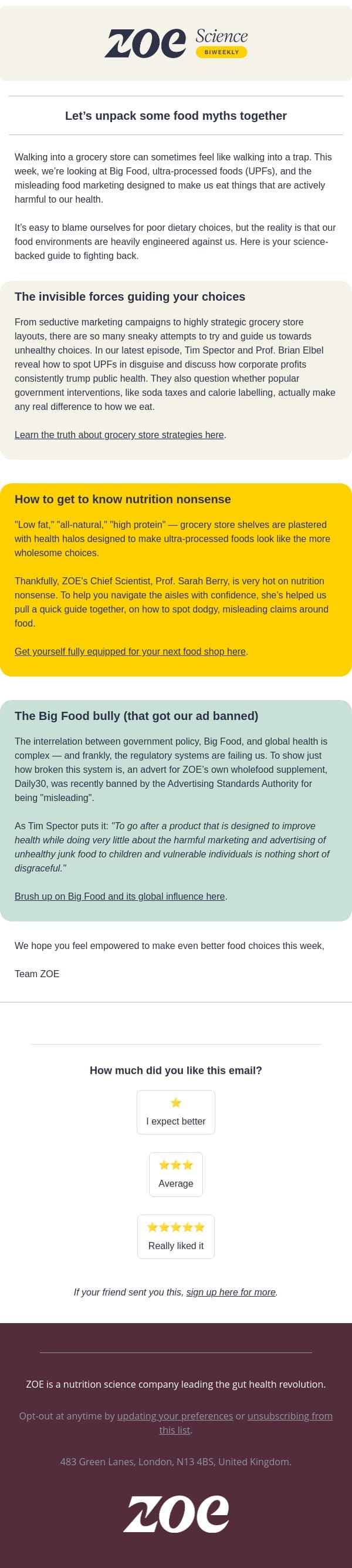 Big Food’s invisible tricks email from ZOE screenshot
