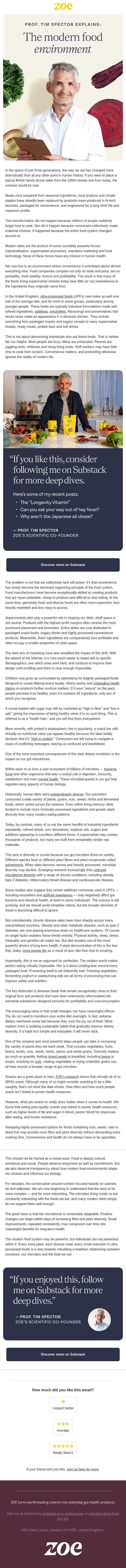 Why the modern food environment is stacked against us email from ZOE screenshot