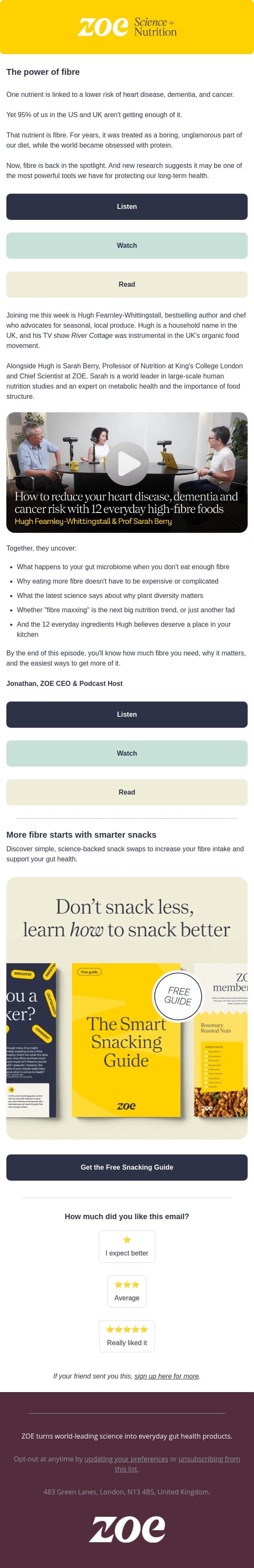 12 foods linked to a lower risk of disease email from ZOE screenshot