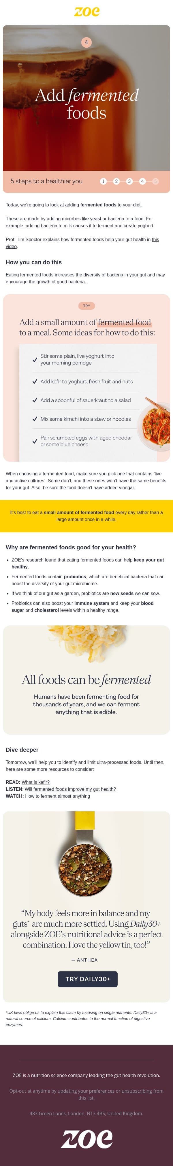 🧀 Step 4: Try fermented foods email from ZOE screenshot