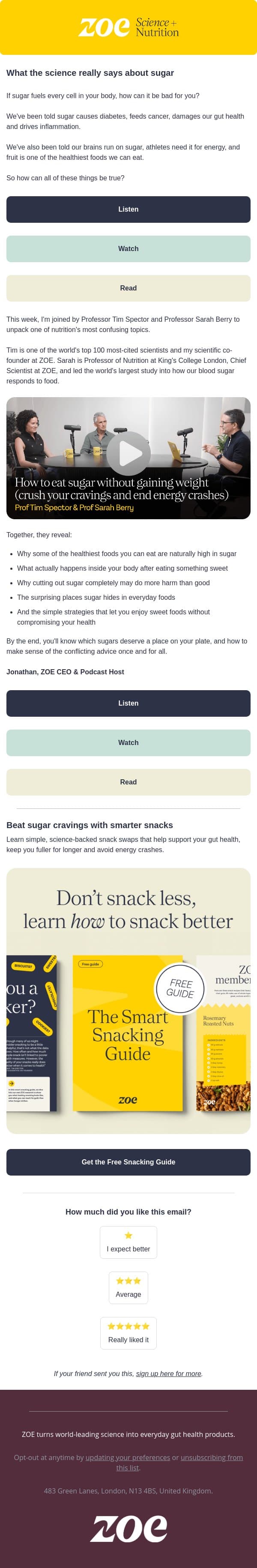 Sugar isn't the enemy. Here's why. email from ZOE screenshot