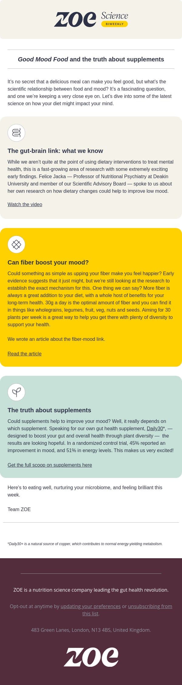 Good food, good mood? email from ZOE screenshot