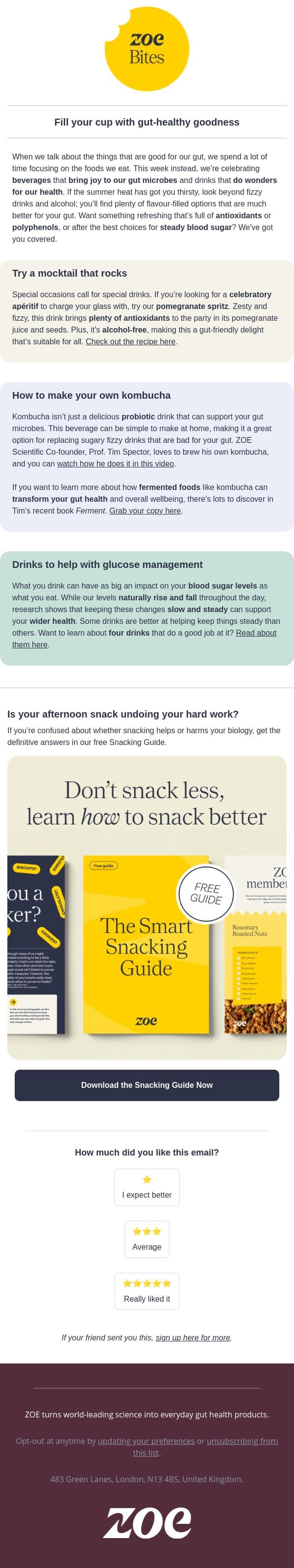 Gut-positive mocktail and kombucha recipes email from ZOE screenshot