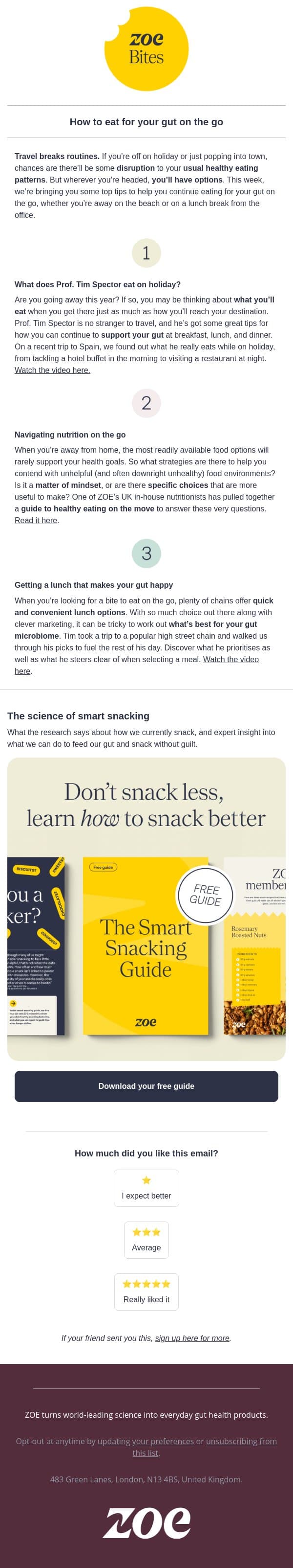 Tim’s top tips for eating on the go email from ZOE screenshot