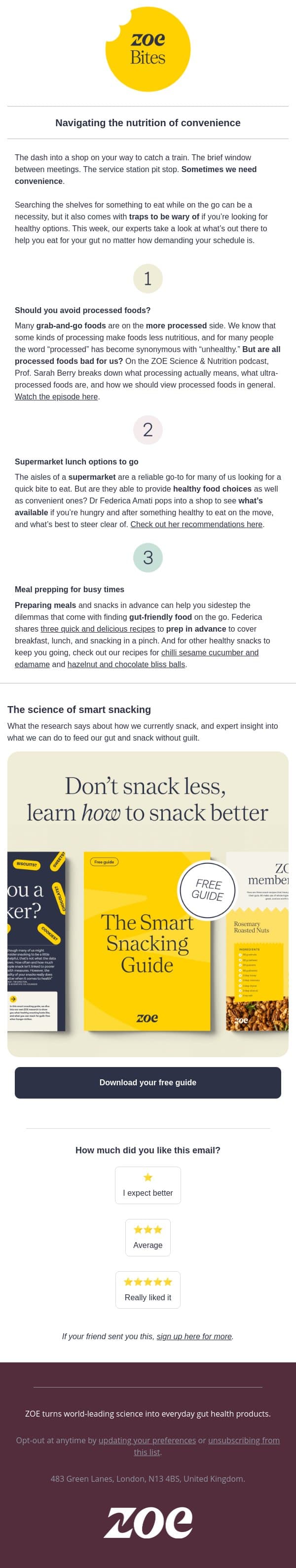 Gut-friendly picks and what to look for on the go email from ZOE screenshot