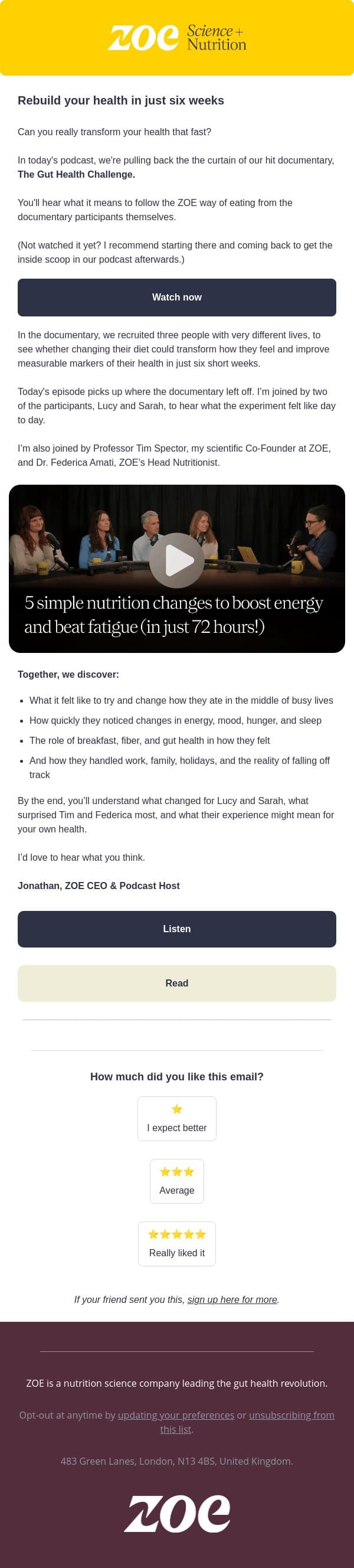 3 days to better energy. 6 weeks to a new you. email from ZOE screenshot