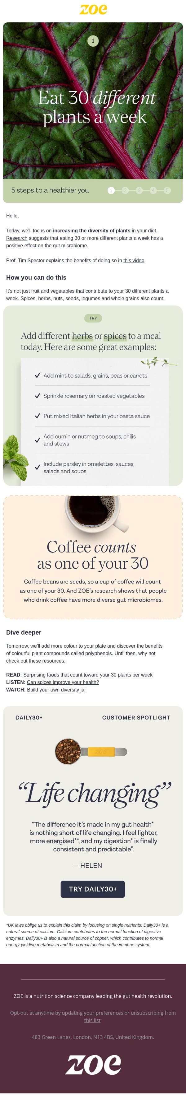 🫑 Step 1: Eat 30+ plants a week email from ZOE screenshot